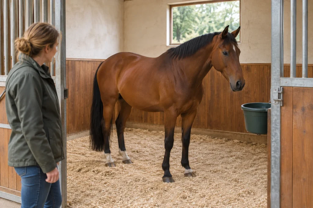 Un cavallo marrone si trova in una stalla con una lettiera chiara. All'ingresso c'è una persona che se ne occupa; alla parete è appeso un secchio.