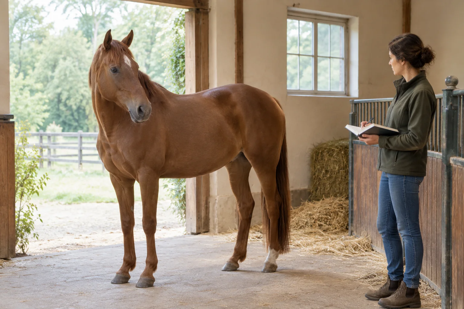 Un cavallo marrone si trova vicino a una scuderia, mentre un addetto lo osserva da una certa distanza con un quaderno aperto.