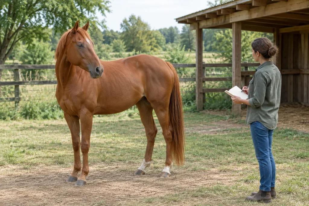 Un cavallo sauro si trova vicino a un riparo in legno, mentre una persona che se ne prende cura lo osserva con un quaderno aperto in mano.