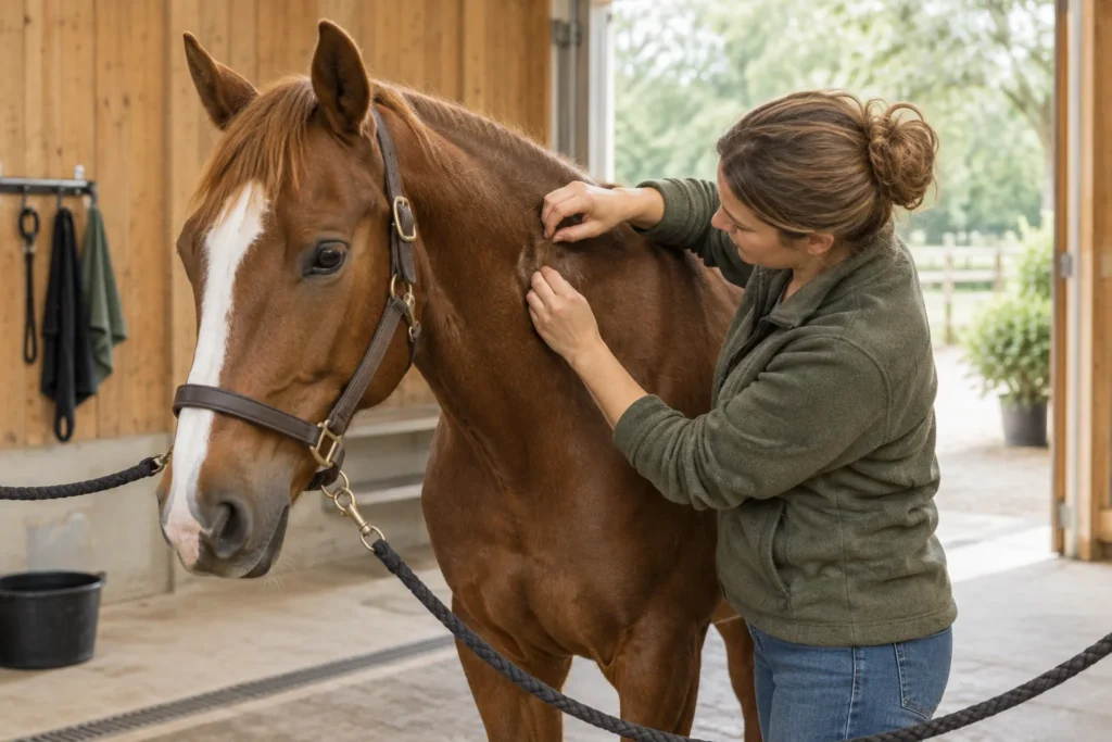 Una donna controlla il collo di un cavallo marrone vicino a una scuderia.