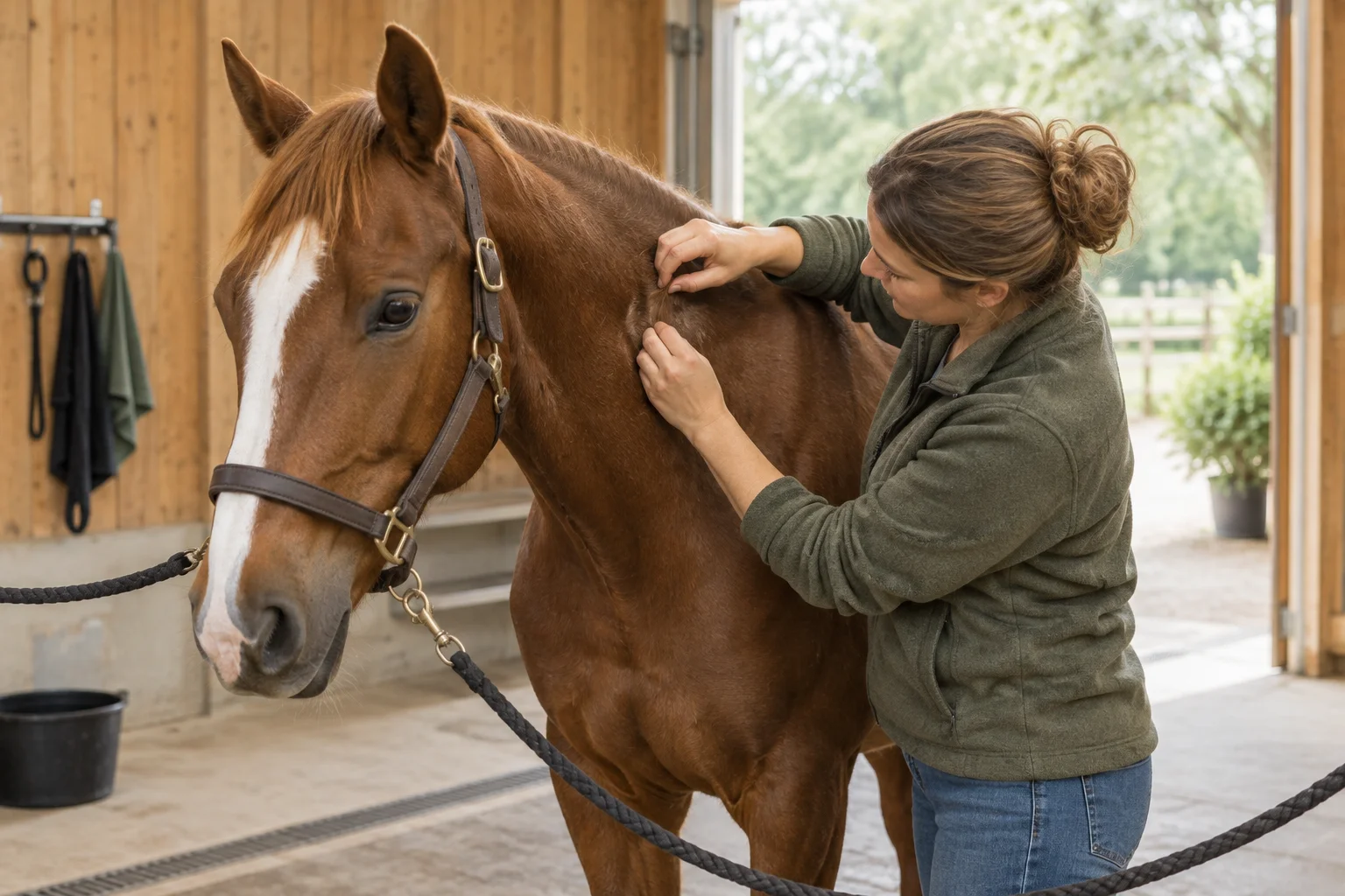 Una donna controlla il collo di un cavallo marrone vicino a una scuderia.