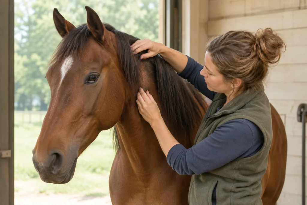 Una donna scosta la criniera di un cavallo marrone per controllargli il collo.