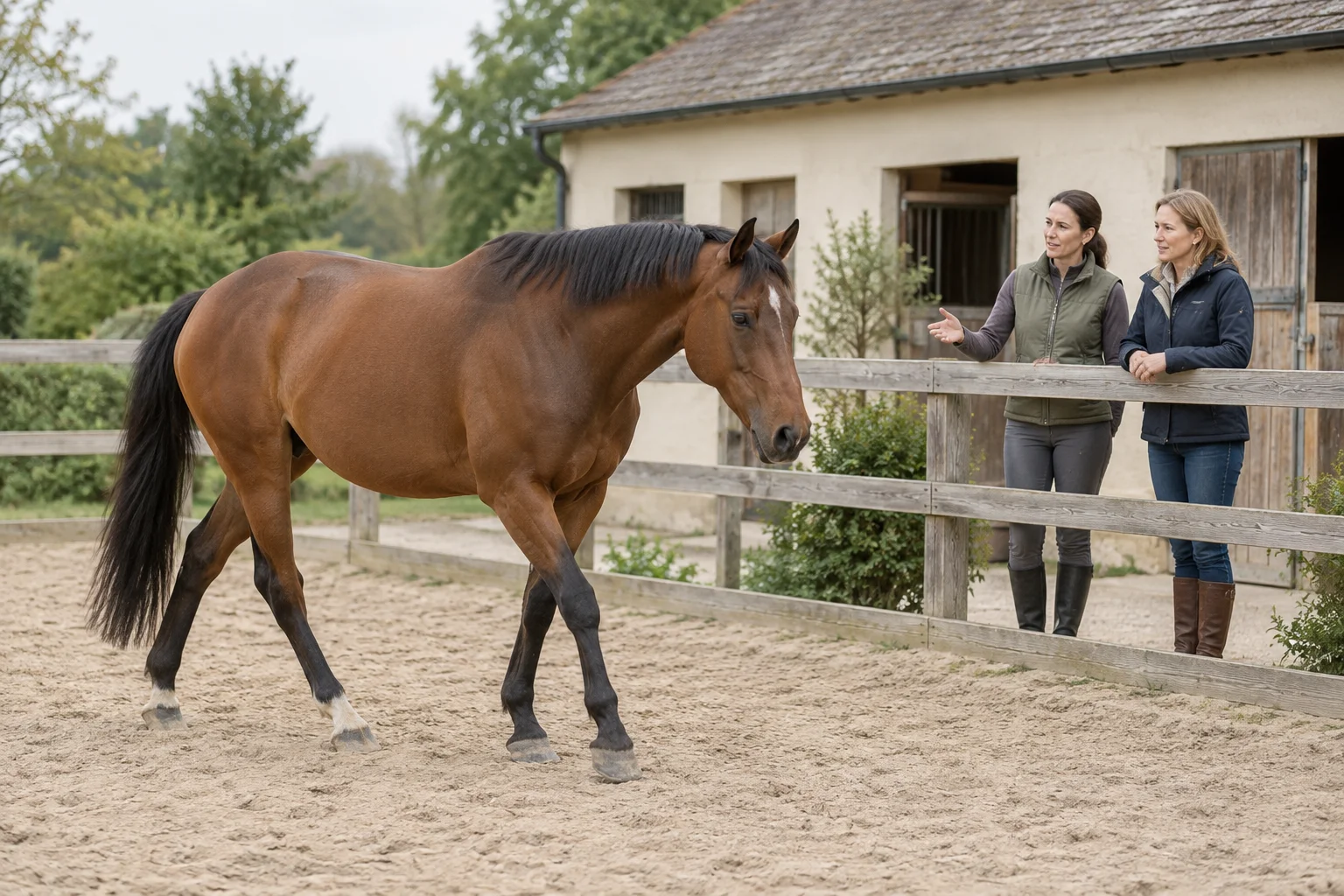 Un cavallo marrone cammina in un campo di equitazione mentre due donne parlano vicino alla recinzione.
