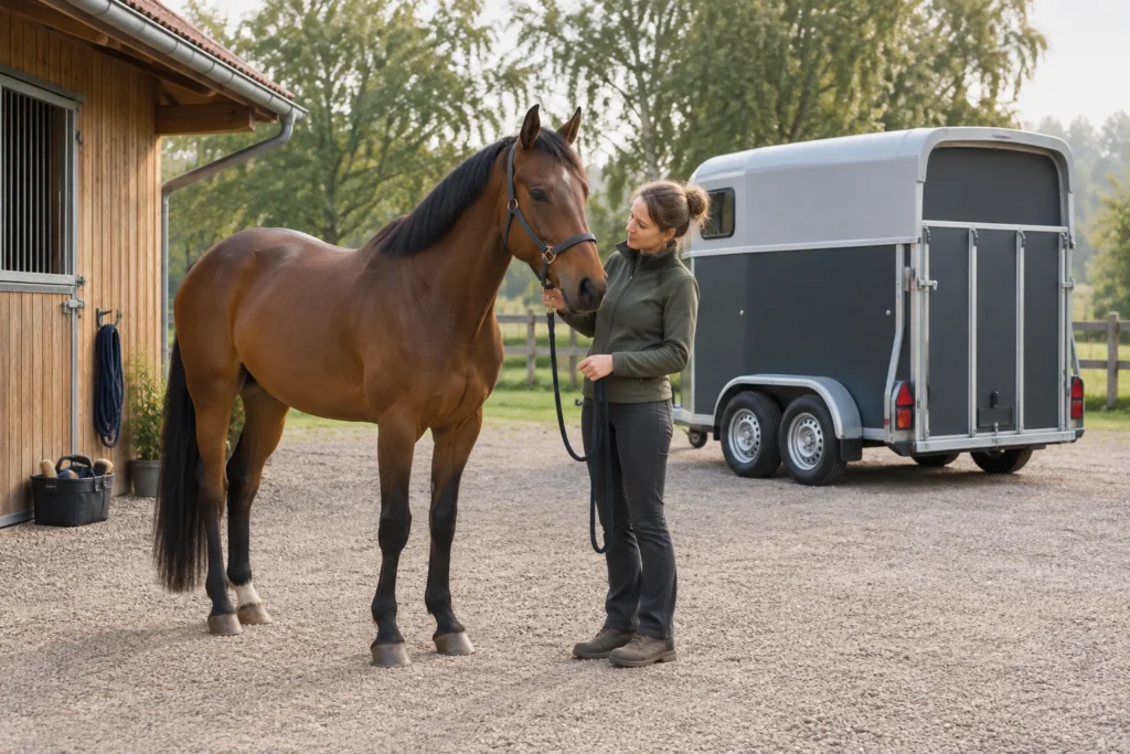 Un cavallo marrone con la cavezza è accanto a una persona che lo accompagna in un cortile; dietro di loro c'è un trailer per cavalli chiuso.