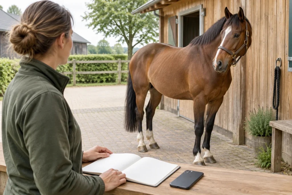 Un cavallo è accanto a una scuderia in legno, mentre una persona è seduta a un tavolo con un taccuino vuoto e un telefono.
