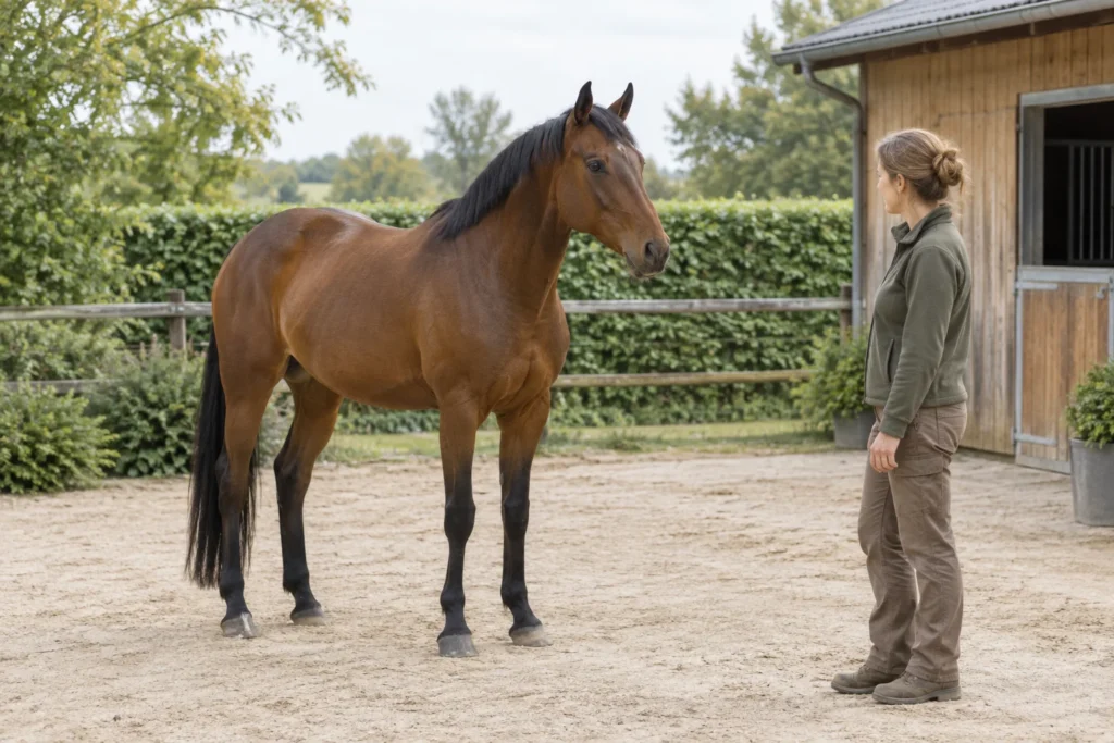 Un cavallo marrone è in piedi in un cortile, con tutti e quattro gli zoccoli visibili, e guarda una persona vicino a una stalla in legno.