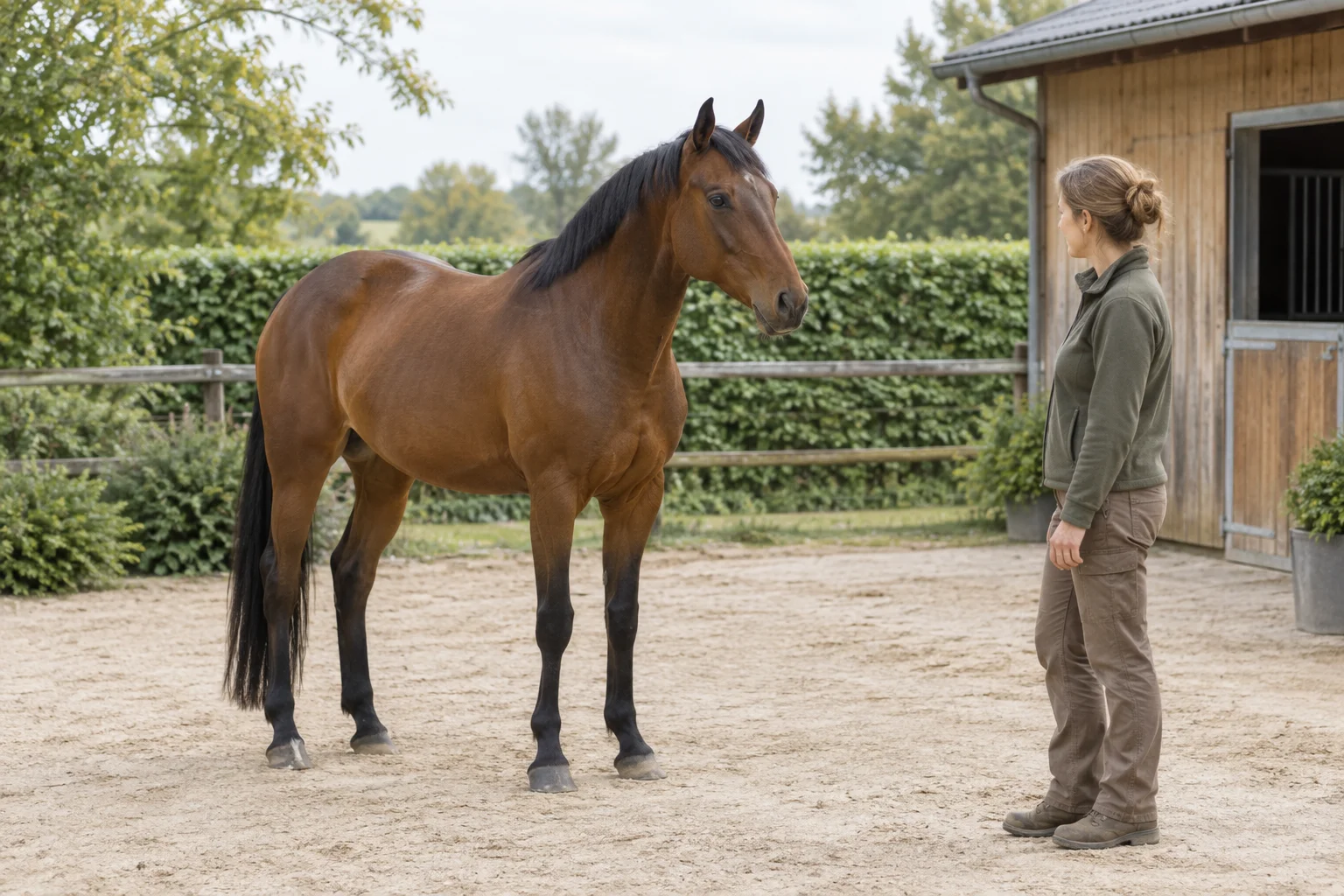 Un cavallo marrone è in piedi in un cortile, con tutti e quattro gli zoccoli visibili, e guarda una persona vicino a una stalla in legno.