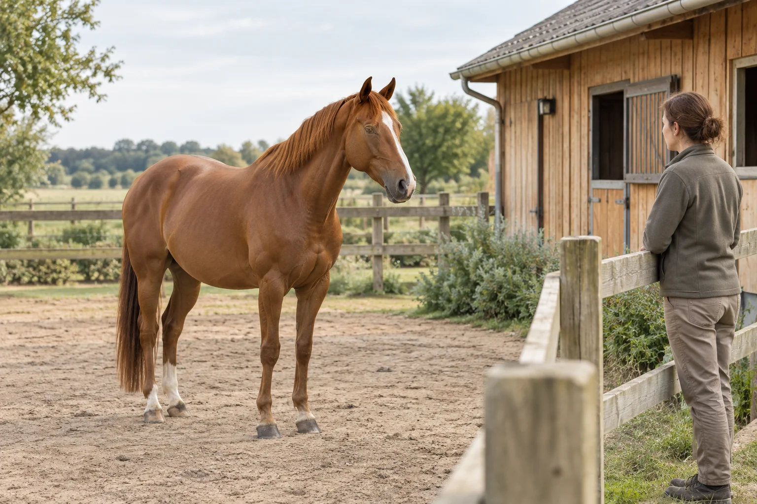 Un cavallo sauro si trova in un paddock recintato mentre una persona lo osserva dalla staccionata. Sullo sfondo c'è una scuderia in legno.