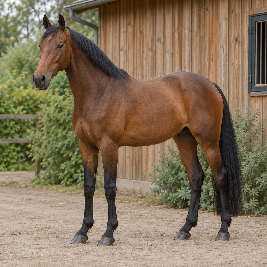 Cavallo baio con criniera, coda e parte inferiore delle zampe nere, ripreso per intero in un cortile accanto a una scuderia in legno.