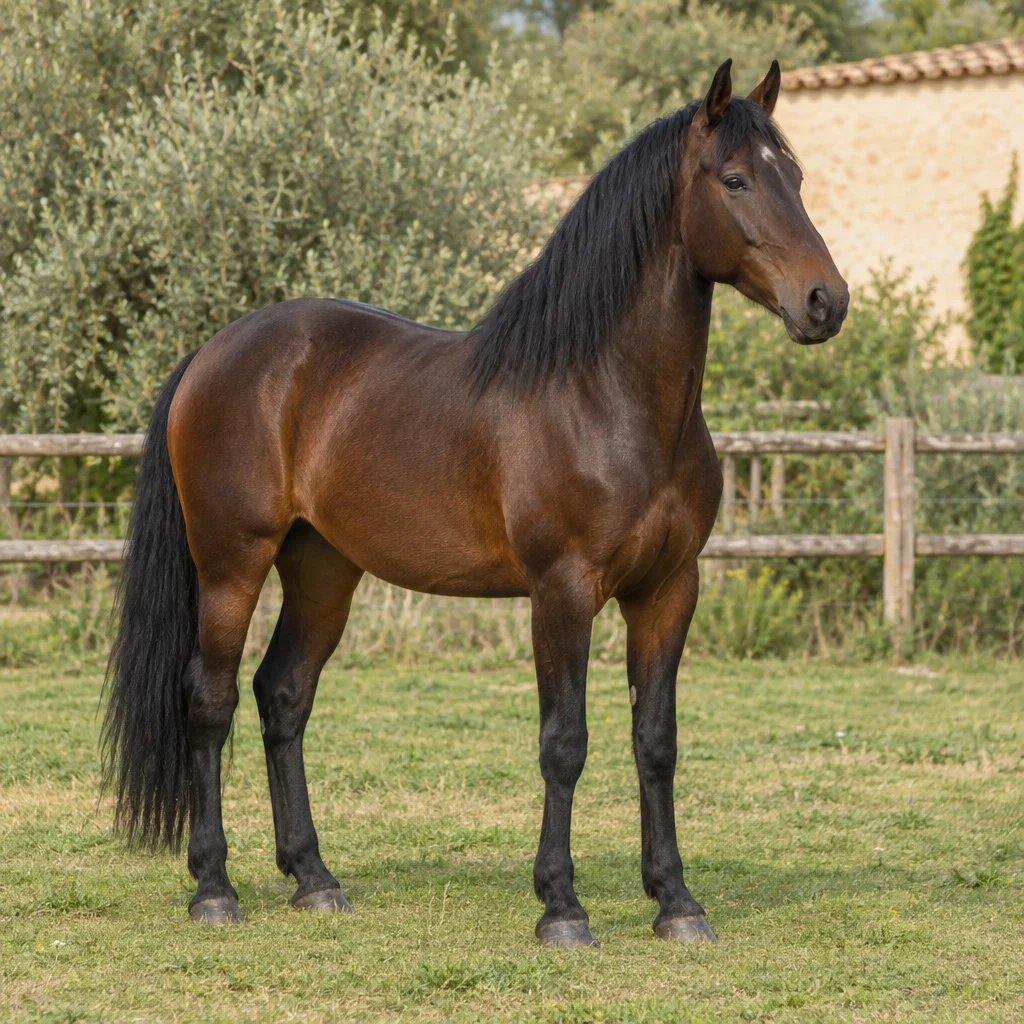 Illustrazione di un cavallo baio con criniera e coda nere in un pascolo recintato.
