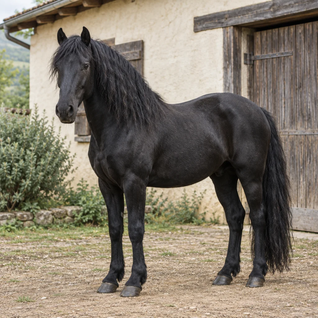 Illustrazione di un cavallo nero dalla corporatura robusta e con una criniera folta e ondulata vicino a una scuderia.