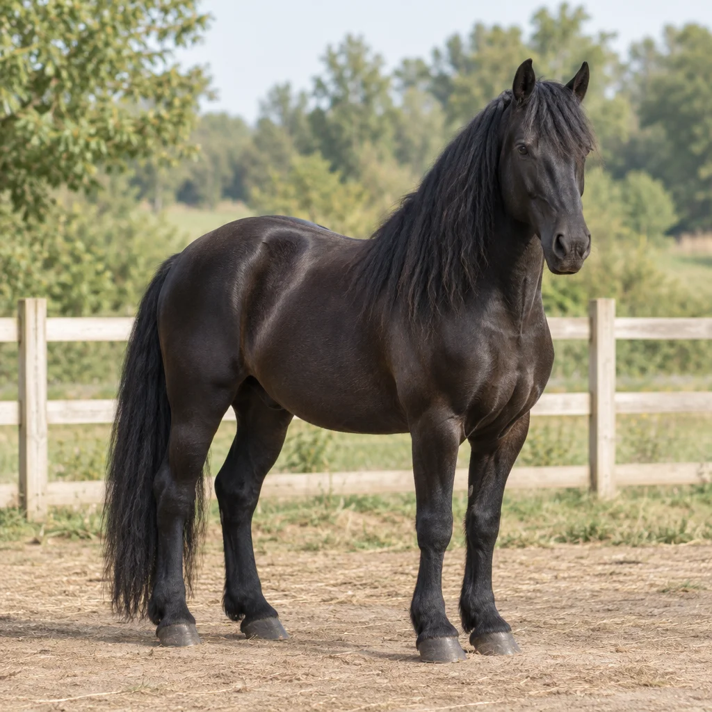 Un cavallo nero è vicino a una recinzione di legno, con tutti e quattro gli zoccoli visibili e alberi sullo sfondo.