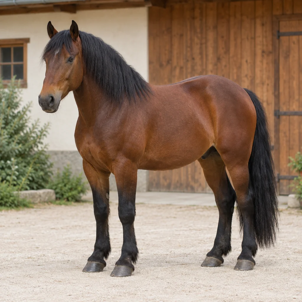 Un cavallo baio dalla corporatura robusta, con criniera, coda e parte inferiore degli arti nere, si trova in un cortile davanti alla porta di legno di una stalla.