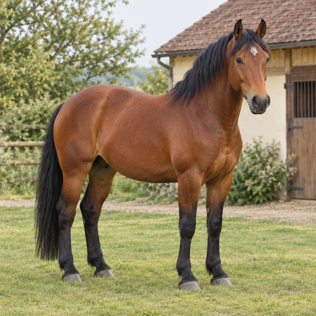 Un cavallo baio con criniera, coda e parte inferiore delle zampe nere sta davanti a una scuderia; il cavallo è visibile per intero.