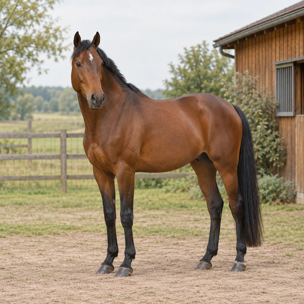 Cavallo marrone con criniera e coda nere, visibile per intero davanti a una scuderia in legno.