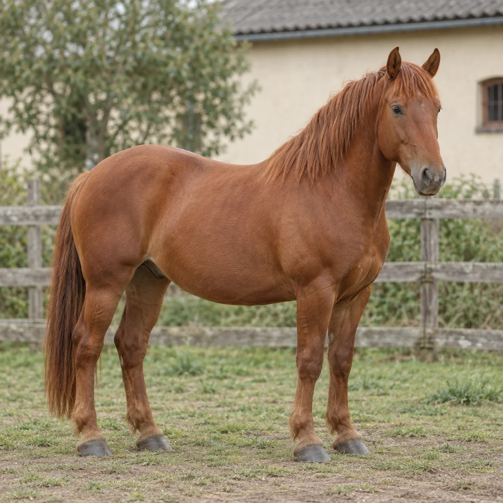 Un cavallo sauro è in piedi in un pascolo recintato, con tutti e quattro gli zoccoli visibili e un edificio chiaro adibito a scuderia sullo sfondo.