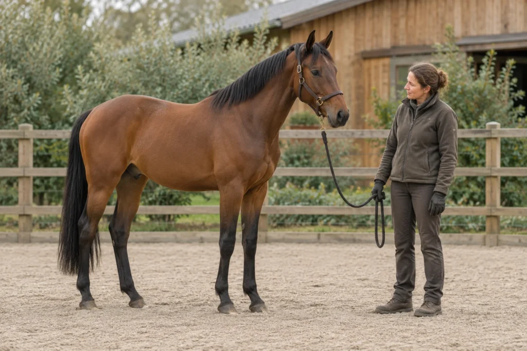 Un cavallo marrone con la capezza sta accanto a una donna che tiene una lunghina non tesa in un campo da equitazione recintato.