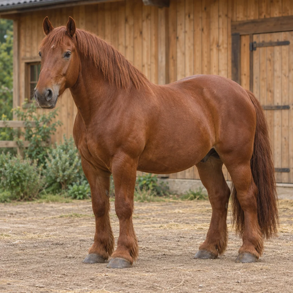 Un cavallo sauro dalla corporatura robusta sta in un cortile davanti a una scuderia in legno, con tutti e quattro gli zoccoli visibili.