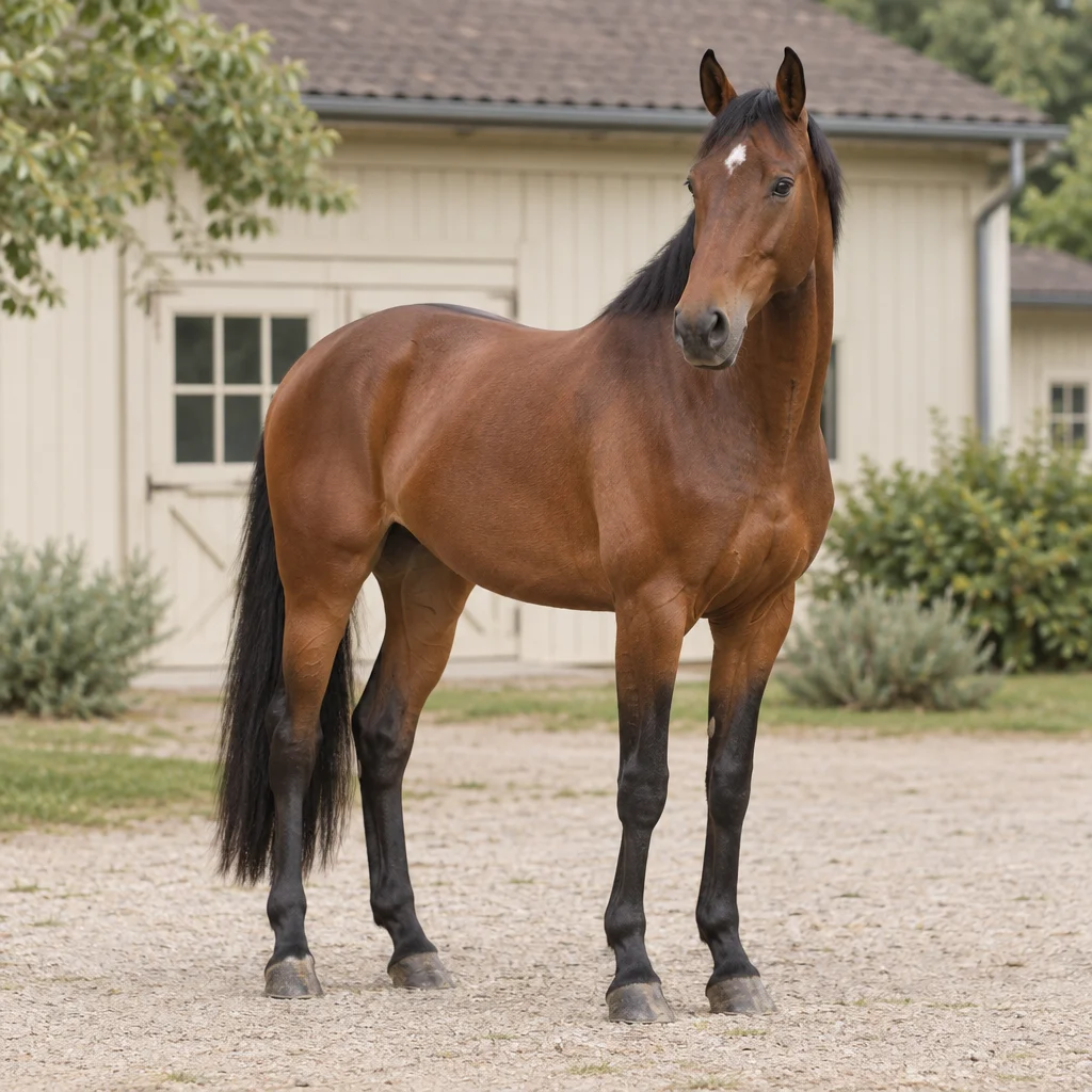 Cavallo baio con criniera, coda e parte inferiore degli arti nere, visibile per intero davanti a una scuderia chiara.