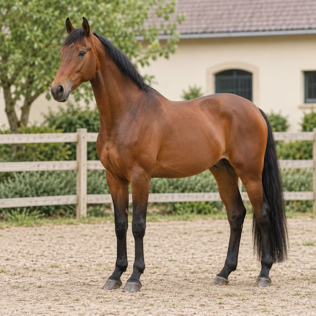 Cavallo baio con criniera e coda nere, interamente visibile in un paddock recintato, con alberi e un edificio chiaro adibito a scuderia sullo sfondo.