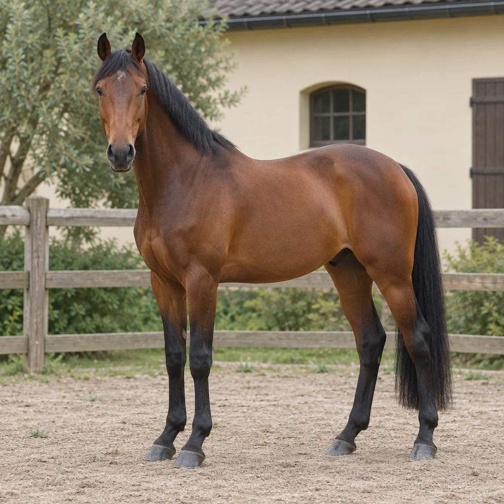 Cavallo baio con criniera, coda e parte inferiore degli arti nere, con tutti e quattro gli zoccoli visibili, davanti a una staccionata di legno e a una scuderia chiara.