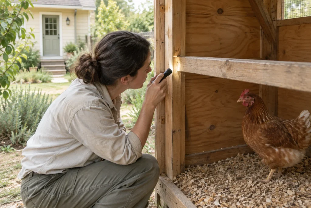 Una persona illumina con una torcia una giunzione in legno all'interno di un pollaio. Una gallina si trova nel pollaio; sullo sfondo si vede una casa.