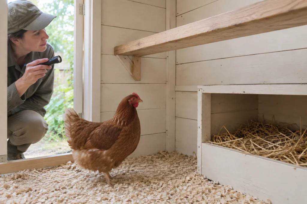 Una persona guarda con una torcia all'interno di un pollaio, dove una gallina marrone si trova accanto a un nido con della paglia.