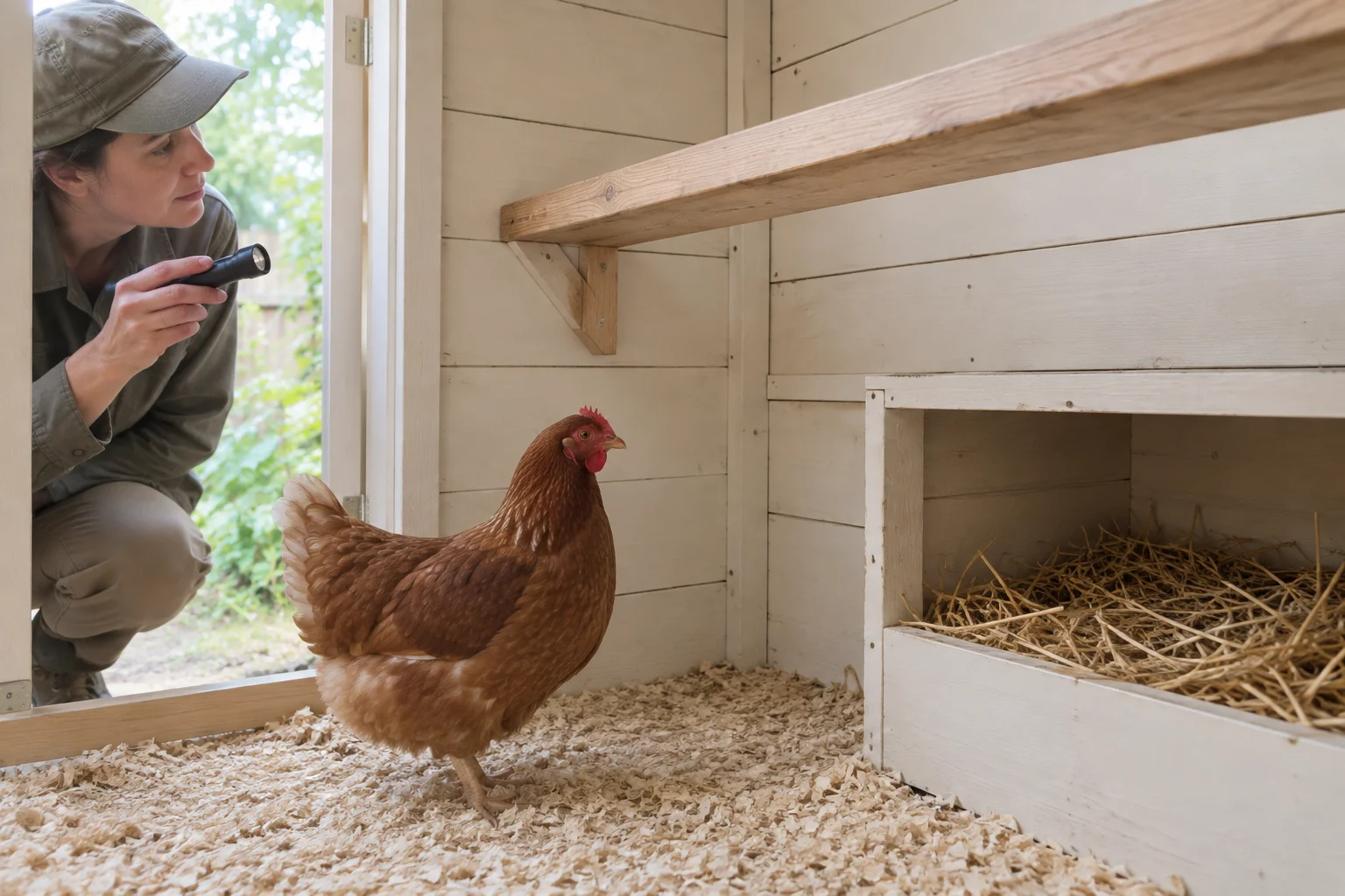 Una persona guarda con una torcia all'interno di un pollaio, dove una gallina marrone si trova accanto a un nido con della paglia.