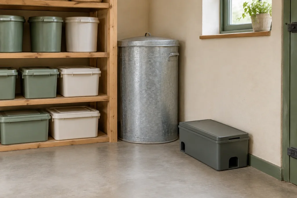 Illustrazione di un contenitore chiuso in plastica con ingressi per roditori contro la parete di un deposito, accanto a contenitori per le scorte con coperchio e a un bidone metallico.