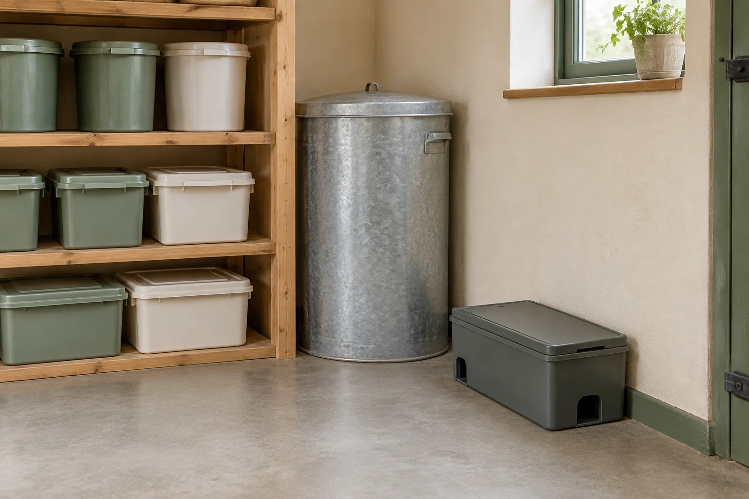 Illustrazione di un contenitore chiuso in plastica con ingressi per roditori contro la parete di un deposito, accanto a contenitori per le scorte con coperchio e a un bidone metallico.