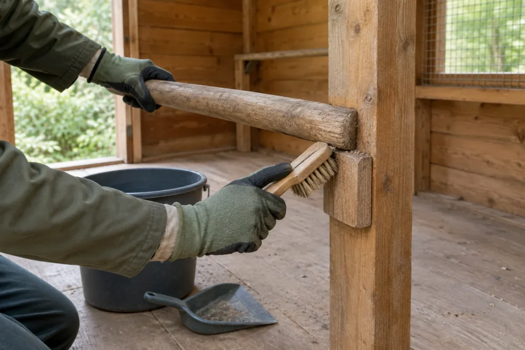 Una persona con i guanti spazzola il punto di raccordo di un posatoio in legno in un pollaio vuoto. Sul pavimento ci sono un secchio e una paletta.