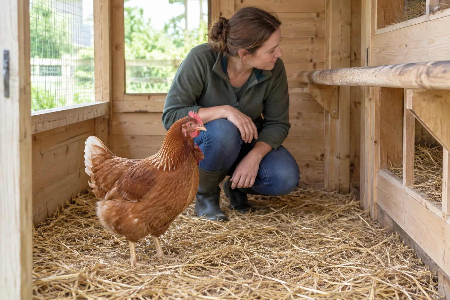 Una gallina marrone si trova sulla paglia in un pollaio di legno, mentre una donna osserva il posatoio e l'interno del pollaio.