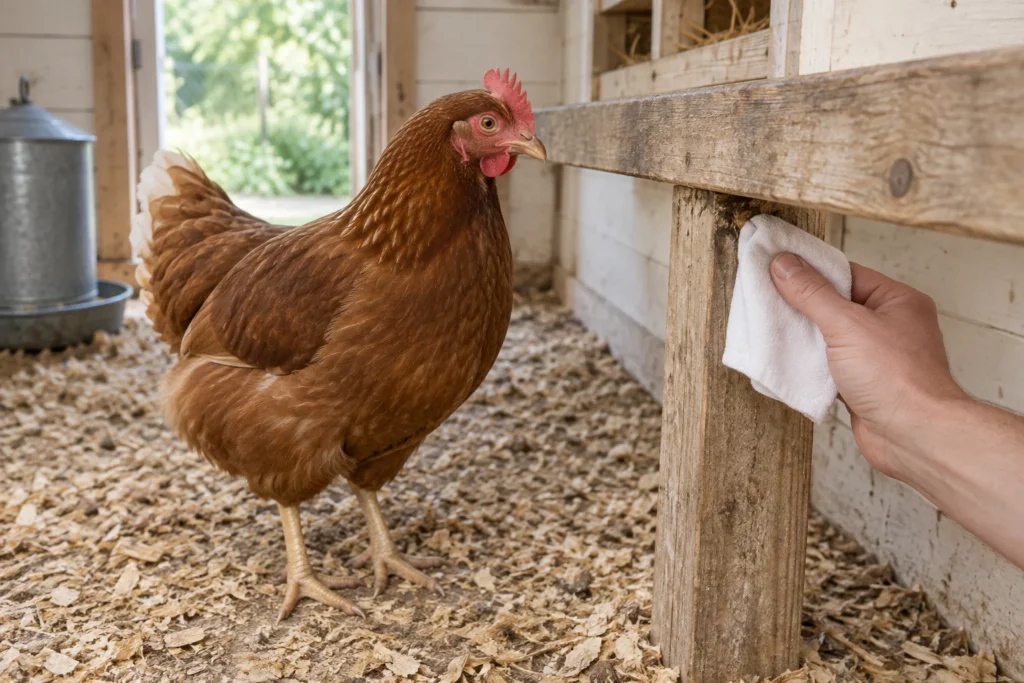 Gallina marrone in un pollaio di legno, accanto a una mano che controlla con un panno bianco un punto di fissaggio del posatoio.