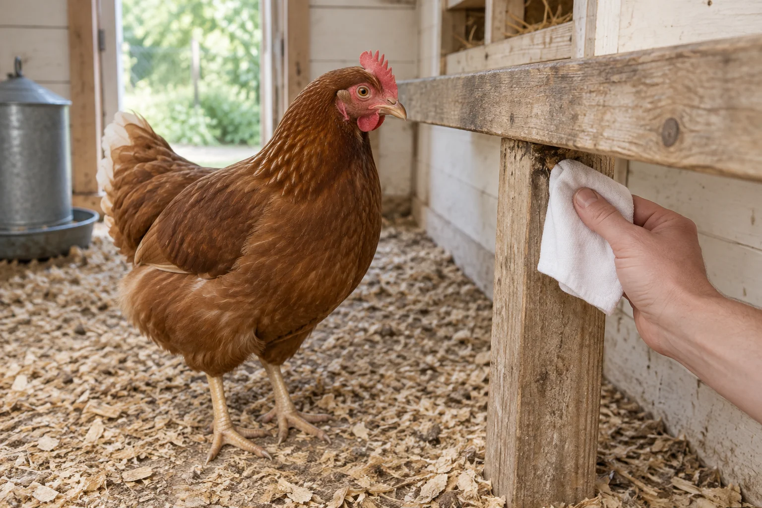 Gallina marrone in un pollaio di legno, accanto a una mano che controlla con un panno bianco un punto di fissaggio del posatoio.