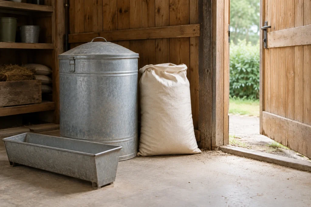 Un contenitore metallico per le scorte con coperchio, un sacco chiaro e una mangiatoia metallica in un capanno di legno con la porta aperta.