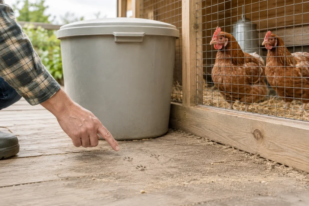 Una persona indica piccole tracce sul terreno accanto a un contenitore grigio con coperchio e a due galline dietro una rete.