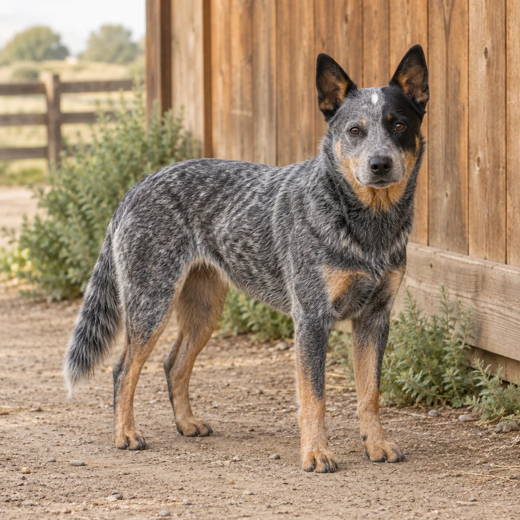 Cane blu picchiettato con orecchie dritte e coda lunga in un cortile accanto a un fienile in legno.