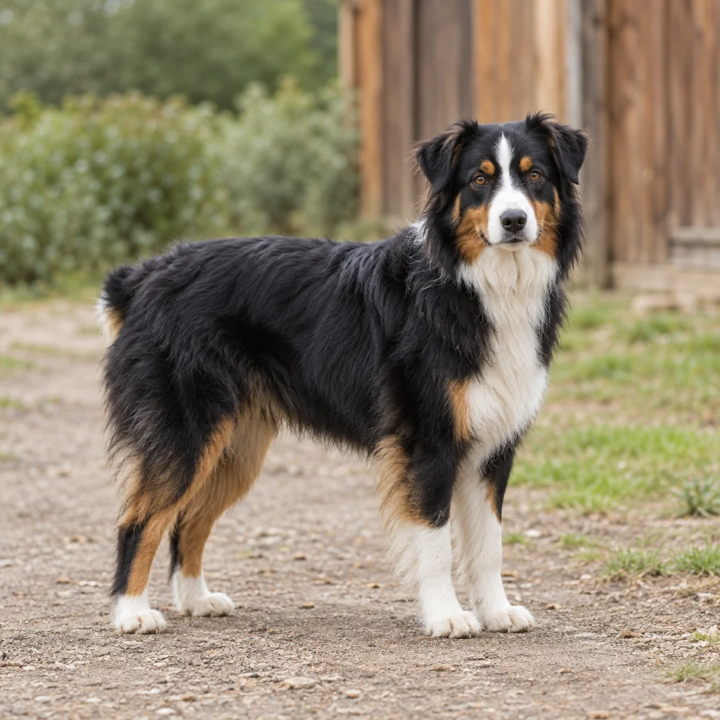 Un cane nero, bianco e marrone sta su un vialetto di ghiaia accanto a un edificio in legno, con tutte e quattro le zampe visibili.