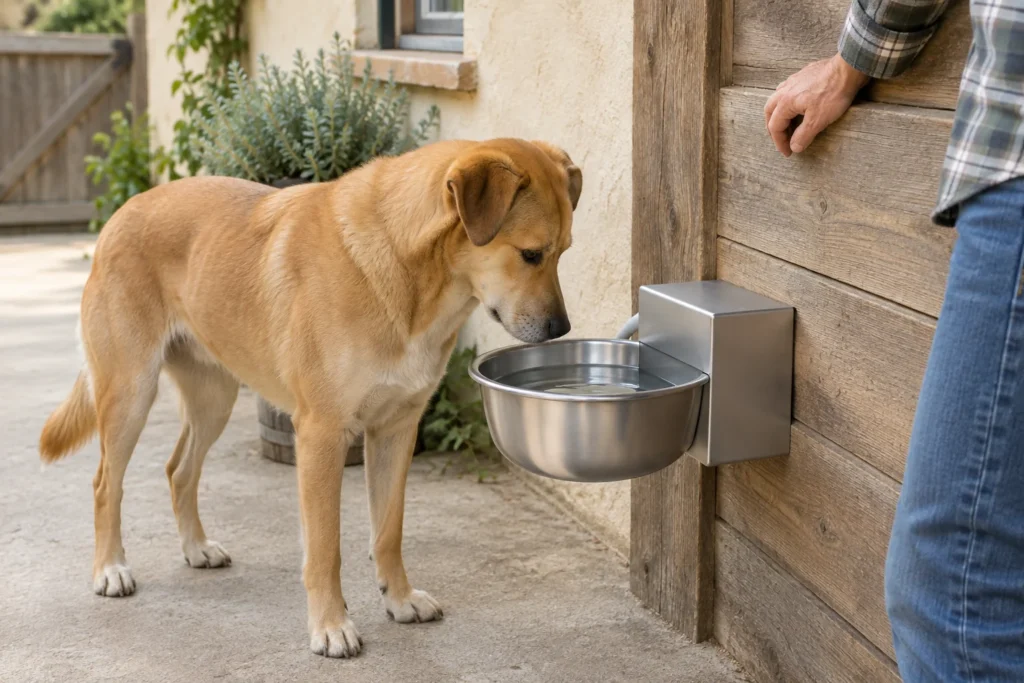 Un cane marrone chiaro è accanto a una vaschetta metallica piena d'acqua fissata a una parete di legno. Vicino alla vaschetta si vede parte di una persona.