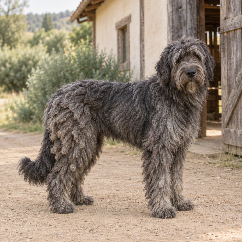 Cane grigio con un mantello lungo e in parte infeltrito, in piedi con tutte e quattro le zampe visibili in una fattoria accanto a un capanno di legno.