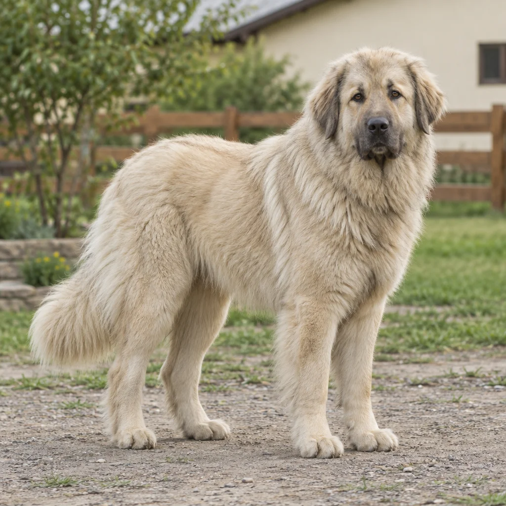 Un grande cane dal mantello chiaro e folto e dalle orecchie pendenti si trova in una proprietà davanti a una staccionata di legno.