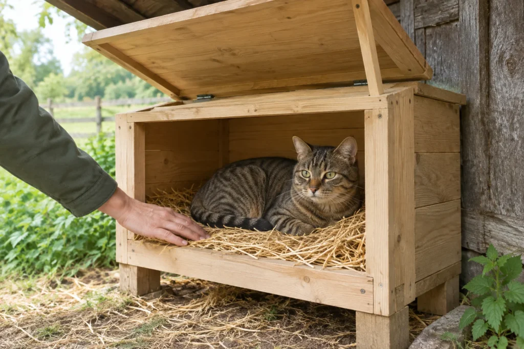 Un gatto tigrato è sdraiato sulla paglia in una casetta di legno rialzata. Il coperchio è aperto e una mano tocca la paglia.