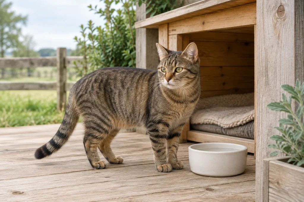Un gatto tigrato marrone si trova su una veranda in legno accanto a una ciotola d’acqua e a un luogo riparato con una coperta.