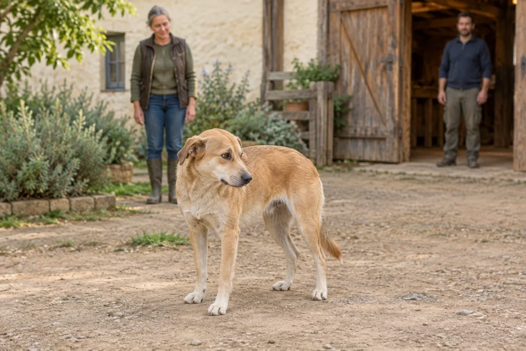 Un cane marrone chiaro si trova in una proprietà con la testa girata di lato. Due persone sono a distanza, vicino a un fienile.