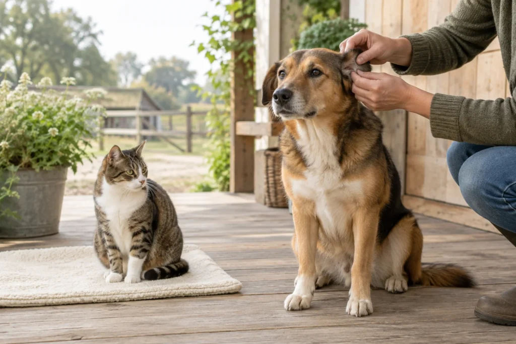 Una persona guarda dietro l'orecchio di un cane seduto, mentre un gatto è seduto accanto su un tappetino chiaro, su una veranda in legno.