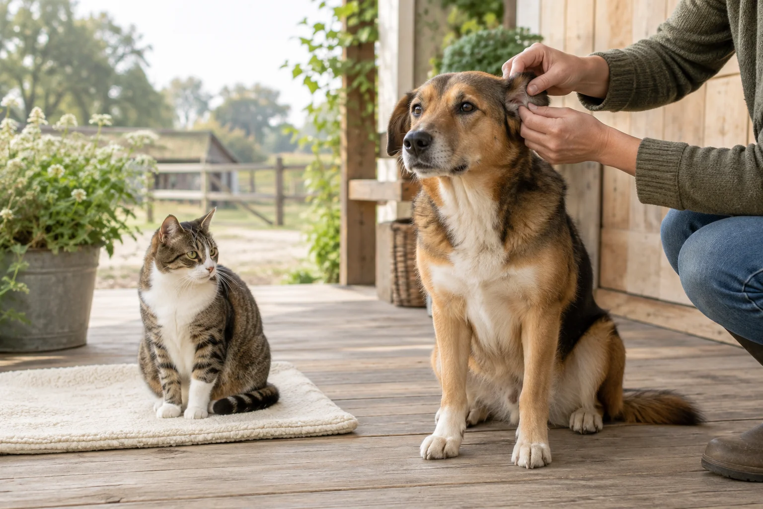 Una persona guarda dietro l'orecchio di un cane seduto, mentre un gatto è seduto accanto su un tappetino chiaro, su una veranda in legno.