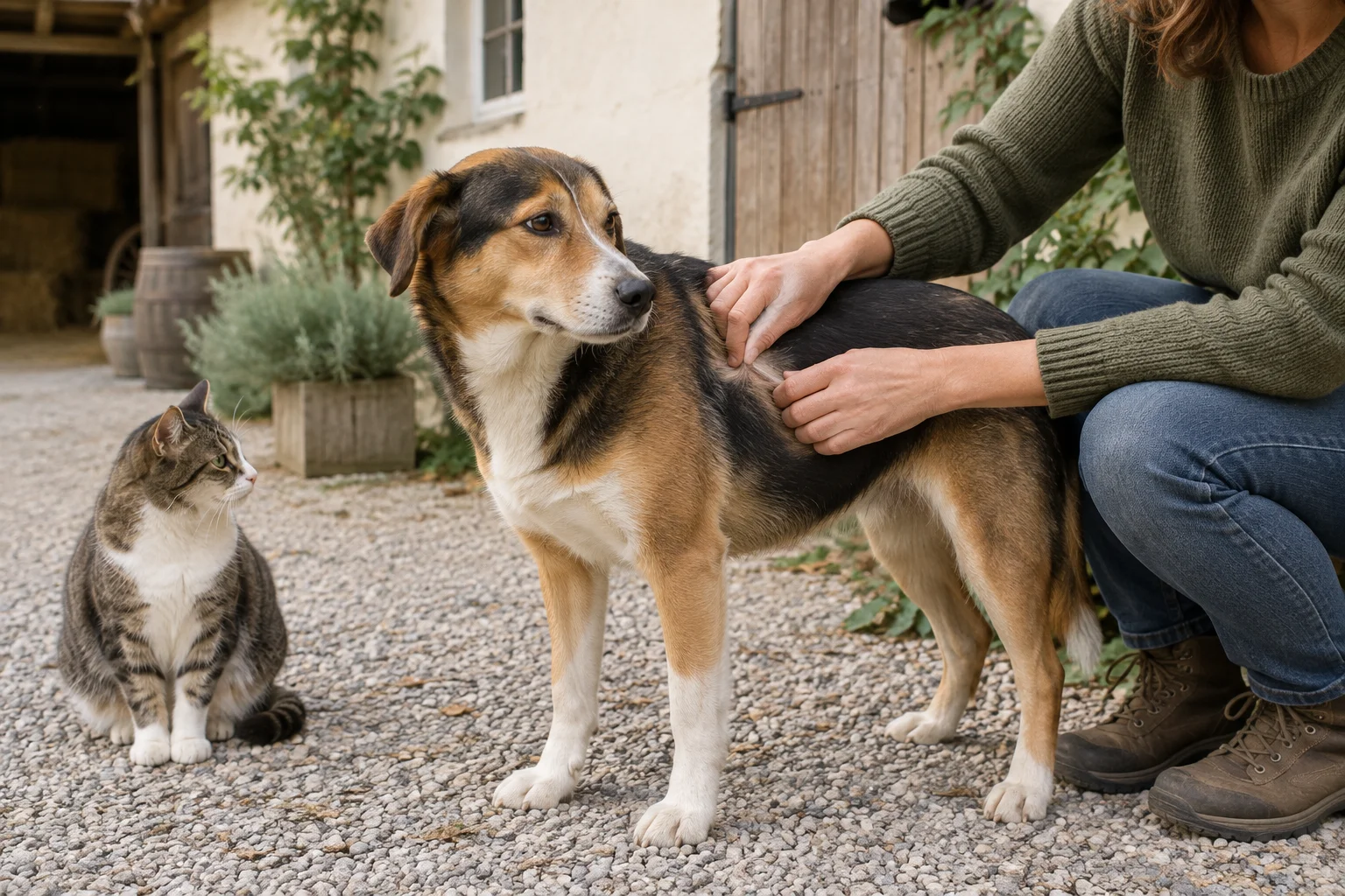Una persona controlla il pelo di un cane in cortile, mentre un gatto è seduto accanto.