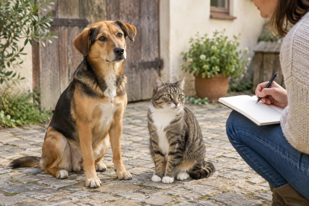 Un cane e un gatto sono seduti in un cortile accanto a una persona con un taccuino.