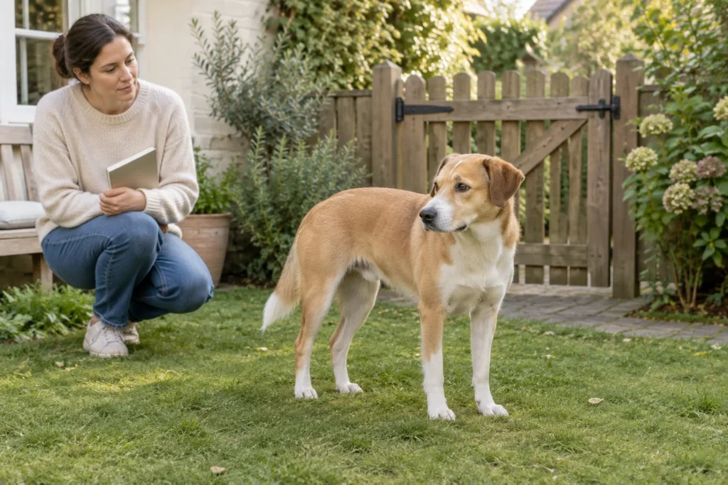 Un cane marrone e bianco si trova in un giardino vicino a un cancello di legno chiuso. Una donna guarda il cane e tiene in mano un taccuino chiuso.