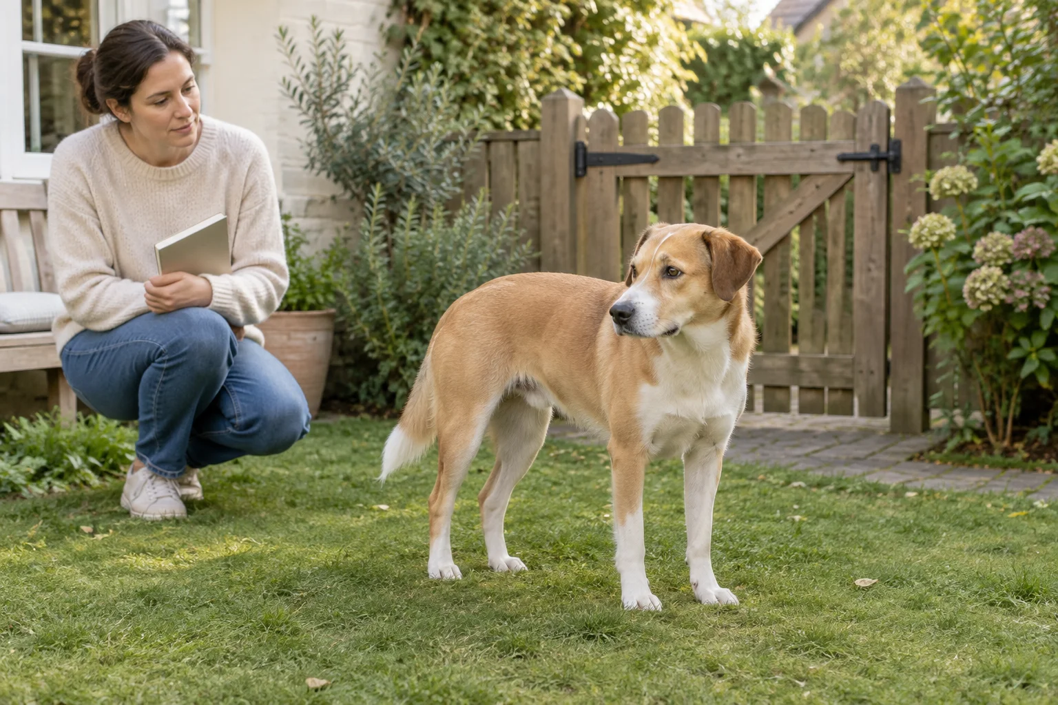 Un cane marrone e bianco si trova in un giardino vicino a un cancello di legno chiuso. Una donna guarda il cane e tiene in mano un taccuino chiuso.